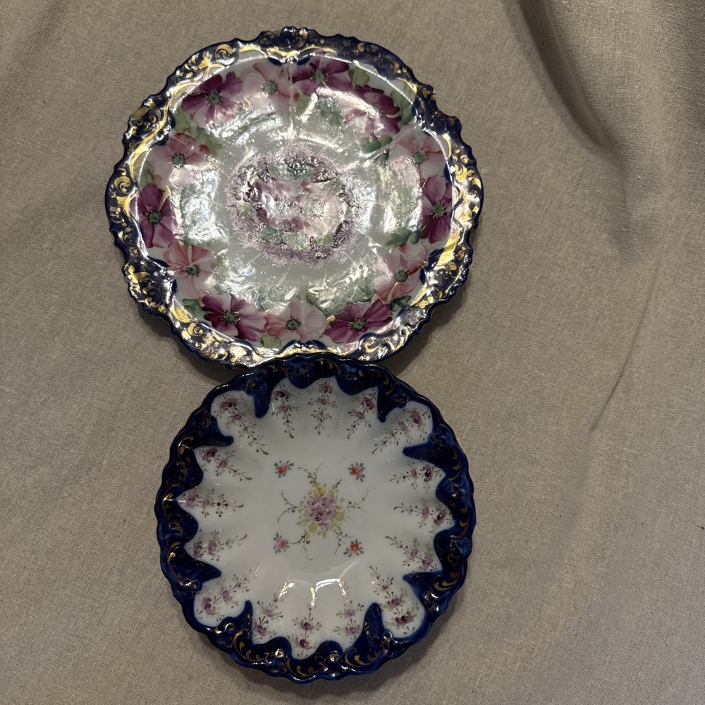 Antique Nippon Hand Painted Roses, Cobalt/Gold Bowl and hand painted plate